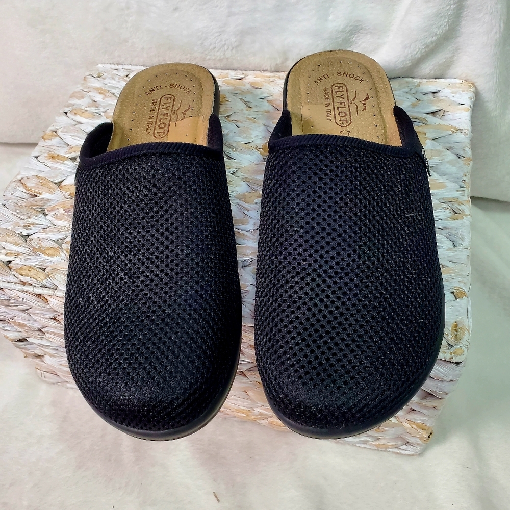 Fly Flot Slip On Shoes Clog Boho Fabric Mesh Upper Leather Inner Black 38/ 7.5